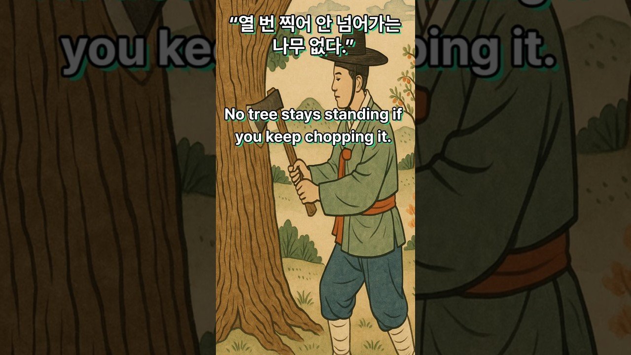 Today’s K-Words of Wisdom “열 번 찍어 안 넘어가는 나무 없다.” | “No tree stays standing if you keep chopping it”. post thumbnail image